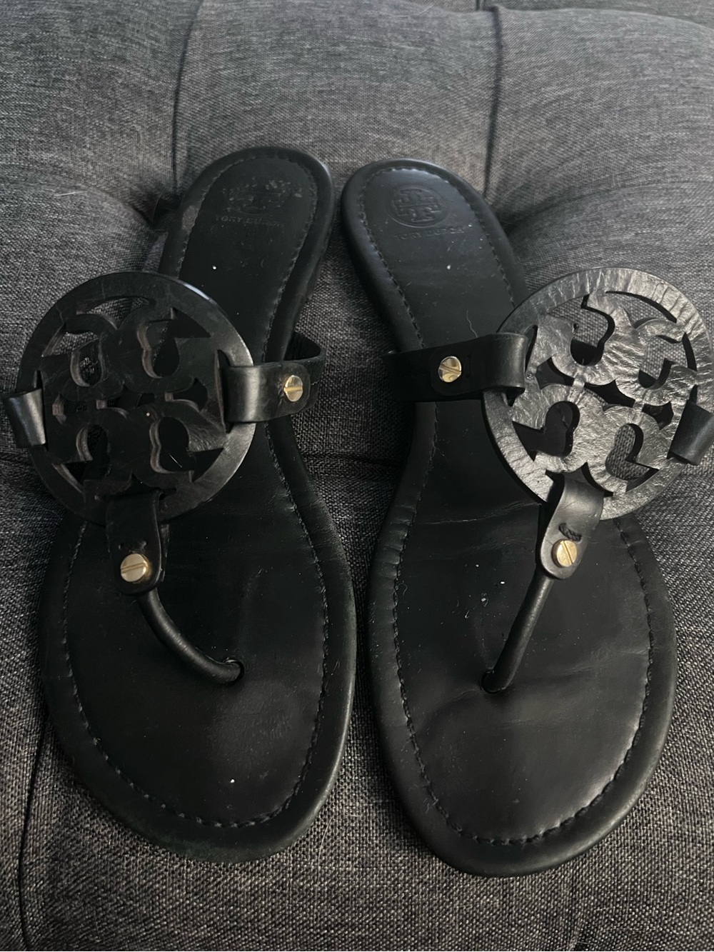 Tory Burch Black Leather Cutout Logo Thong Sandals